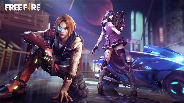 Free Fire characters with cybernetic enhancements and a motorcycle