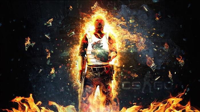 CS:GO Terrorist engulfed in flames with money and bullets