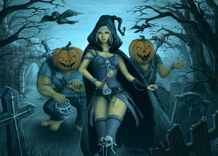 Halloween scene with witch and pumpkin-headed figures in a cemetery