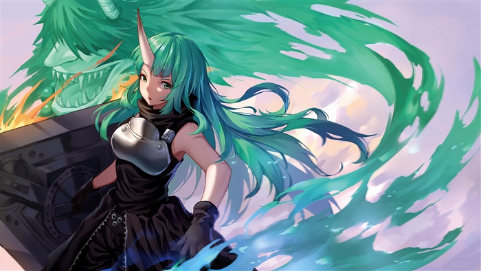 Hoshiguma from Arknights with a green dragon