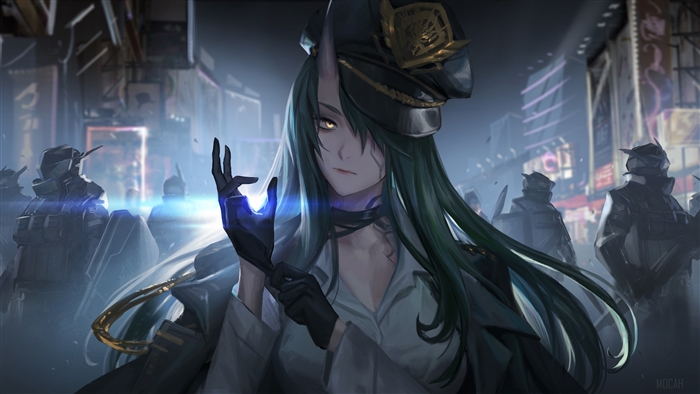 Hoshiguma from Arknights in a futuristic city