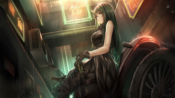 Hoshiguma on Motorcycle in Rainy Alley Arknights 4K