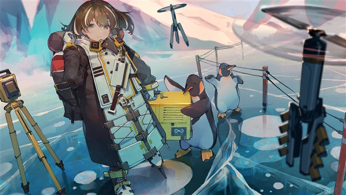 Magallan from Arknights with penguins in Antarctica