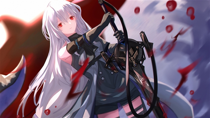 Skadi from Arknights holding a weapon