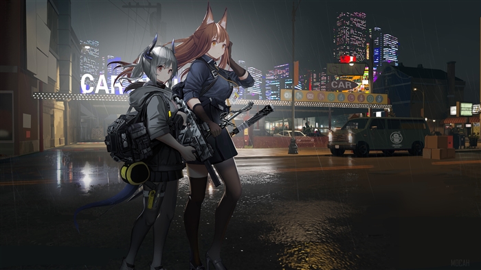 Franka and Liskarm from Arknights in a rainy city at night