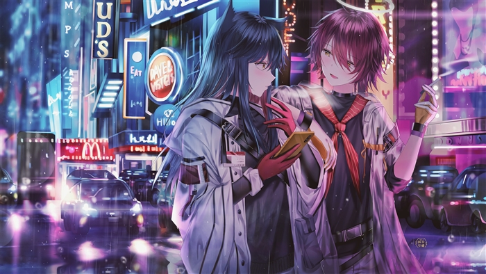 Arknights Exusiai and Friend in Neon City Night 4K