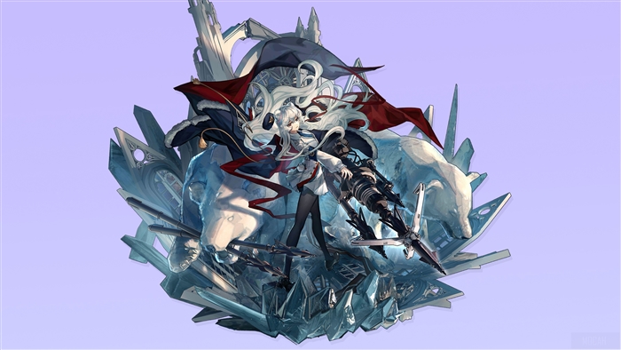 Rosa from Arknights with a polar bear and ice structures