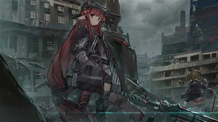 Vigna from Arknights in a ruined city