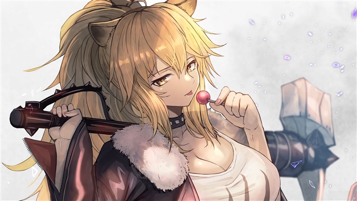 Siege from Arknights holding a lollipop and a weapon