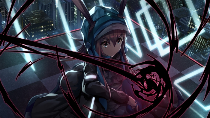 Amiya from Arknights in a dark city