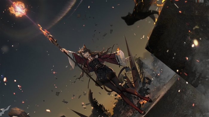Skyfire from Arknights in Dynamic Battle Pose 4K