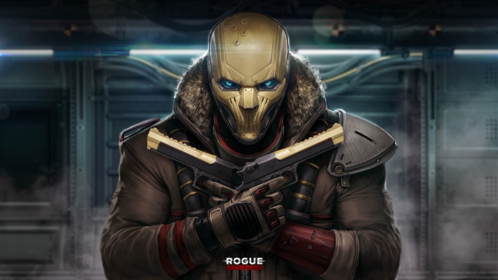 Rogue Company character with golden mask and guns