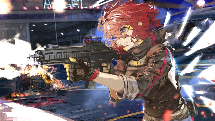 Exusiai from Arknights firing a rifle
