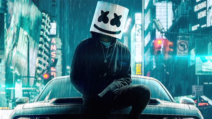 Marshmello DJ in Rainy Neon City 4K