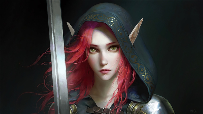 Elf Warrior with Red Hair and Sword 4K