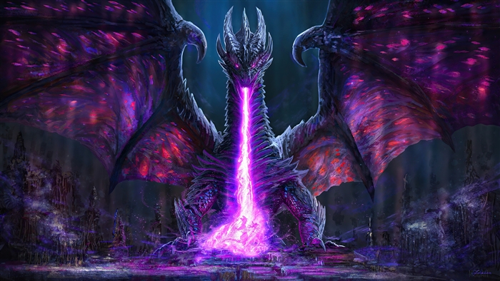 Dark Dragon Breathing Purple Fire Fantasy 4K