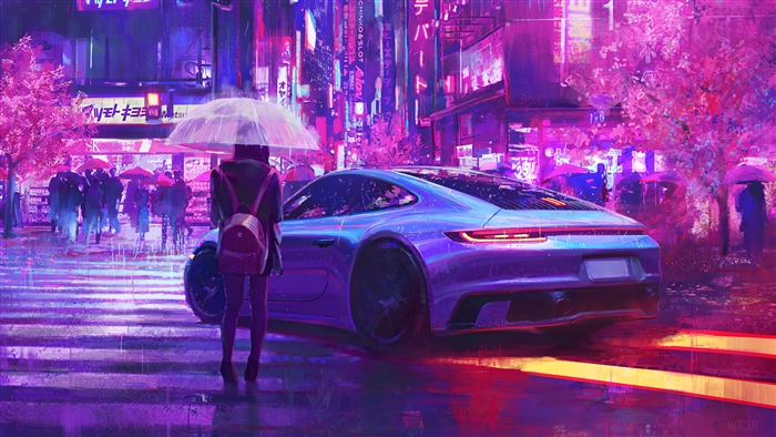 Girl with umbrella and Porsche in rainy neon city 4K