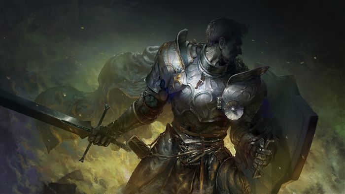Armored Knight Holding Sword and Shield in Battle
