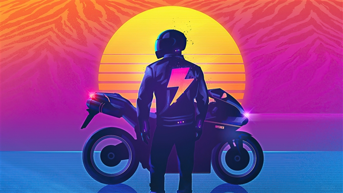 Retrowave Biker With Motorcycle at Sunset 4K