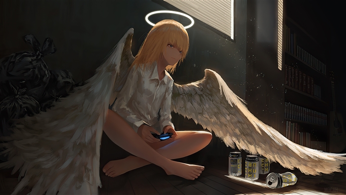 Angel playing video games with cans of energy drink