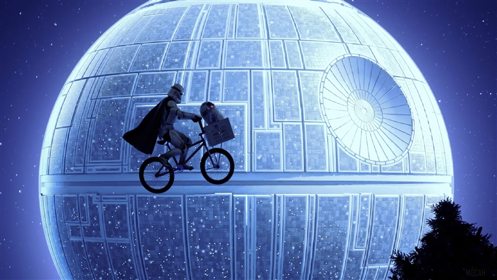 Clone Trooper and R2-D2 on a bicycle on the Death Star 4K