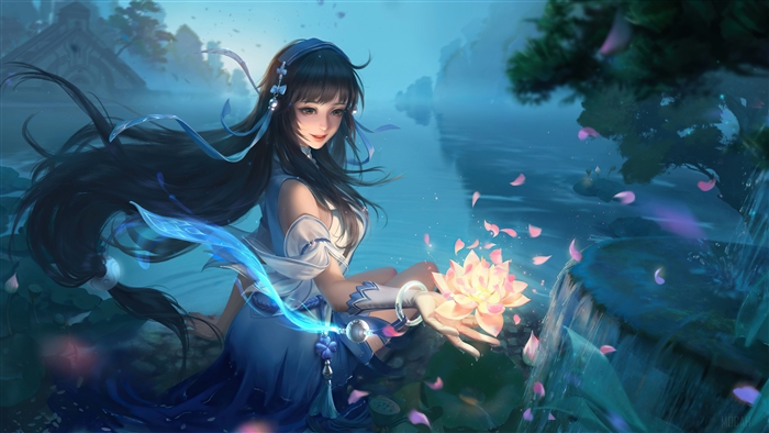 Fantasy Girl Holding Glowing Lotus Flower 4K