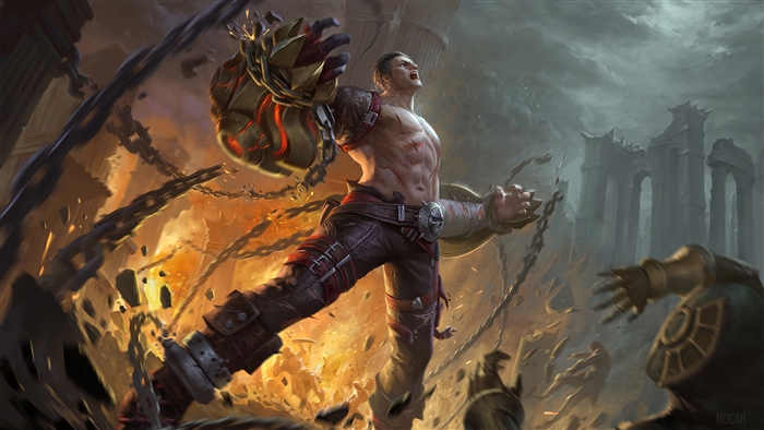 Warrior with a large gauntlet breaking chains in ruins 4K