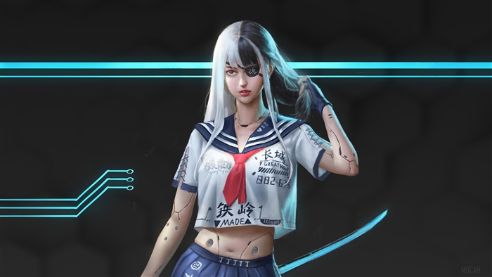Cyberpunk girl with eye patch and sword
