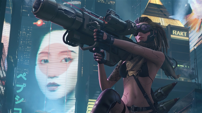 Cyberpunk girl with rocket launcher in neon city