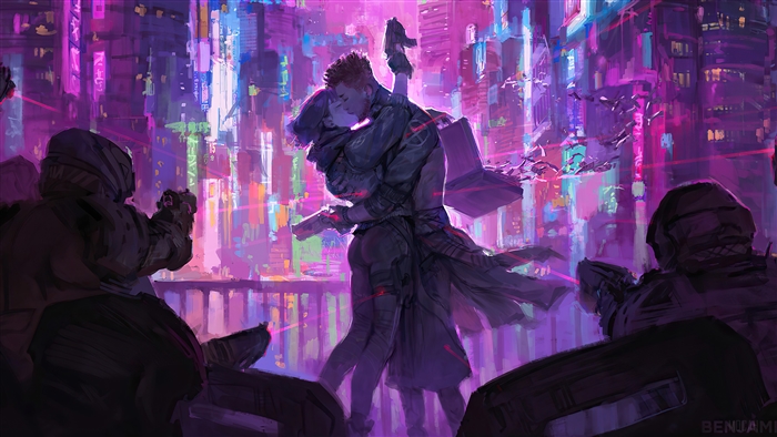 Cyberpunk Couple Sharing a Kiss in Neon City 4K