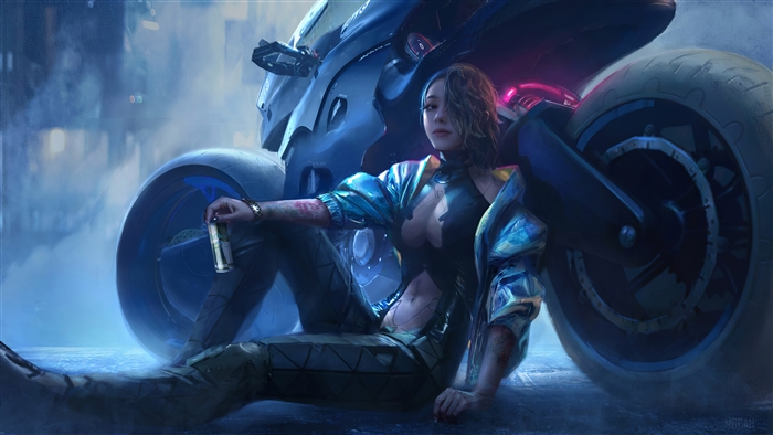 Girl with a motorcycle in a cyberpunk city 4K