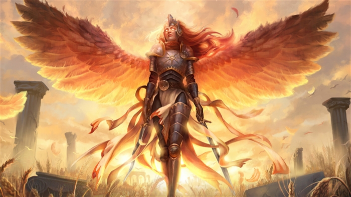Fiery Winged Angel Warrior in Fantasy Setting 4K