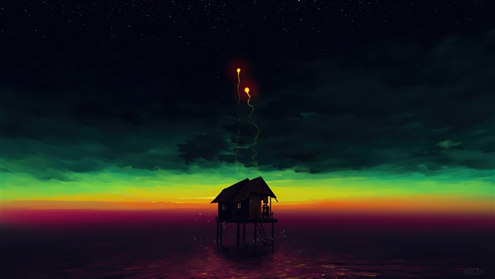 Digital Art 4K of a Hut on Stilts at Night