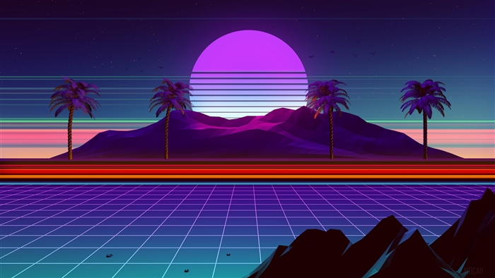 Vibrant Retrowave Mountain Sunset with Palm Trees 4k