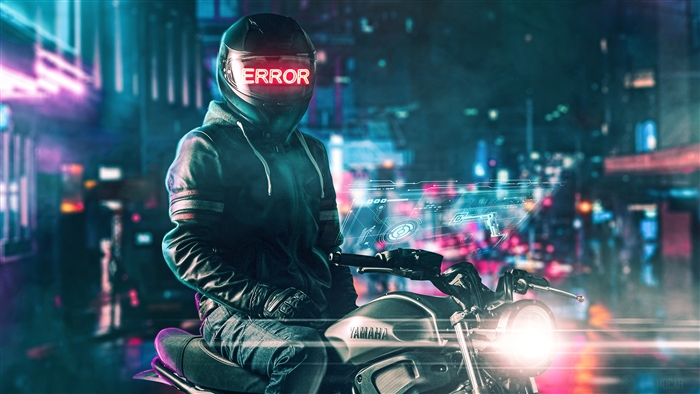 Motorcyclist with ERROR helmet in futuristic city