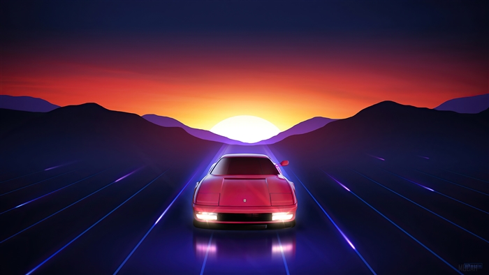 Red Ferrari driving towards sunrise on digital road