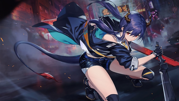 Chen from Arknights with a sword in a city 4K