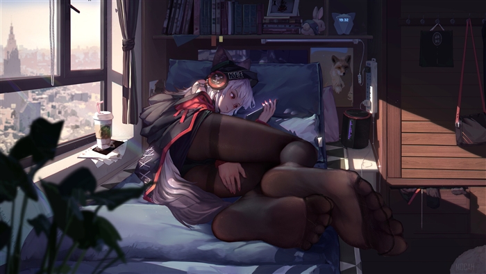 Frostleaf Relaxing on Bed Arknights 4K