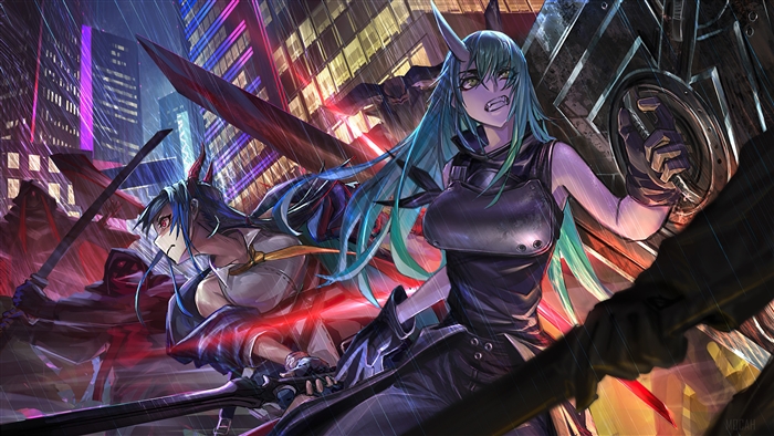 Chen and Hoshiguma from Arknights in a rainy city