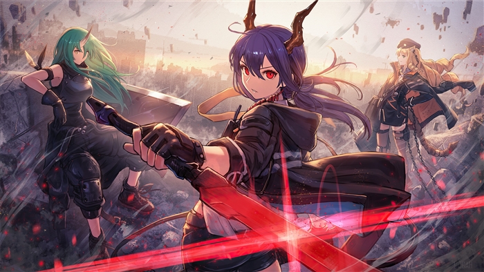 Arknights Characters Chen, Hoshiguma, and Swire in Battle Pose 4K