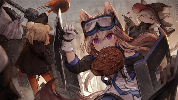 Cardigan from Arknights eating a steak
