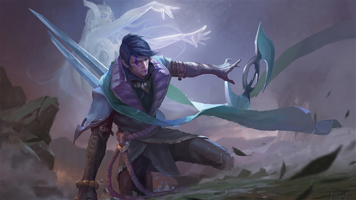 Aphelios from League of Legends in a Mystical Battle Pose 4K