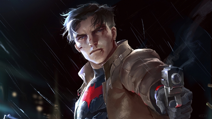 Red Hood from DC Comics holding a gun