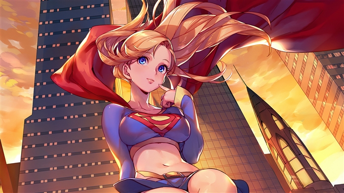 Supergirl Poised Among Skyscrapers at Sunset 4K