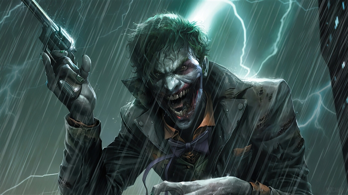 Joker from DC Comics in the rain with lightning 4K