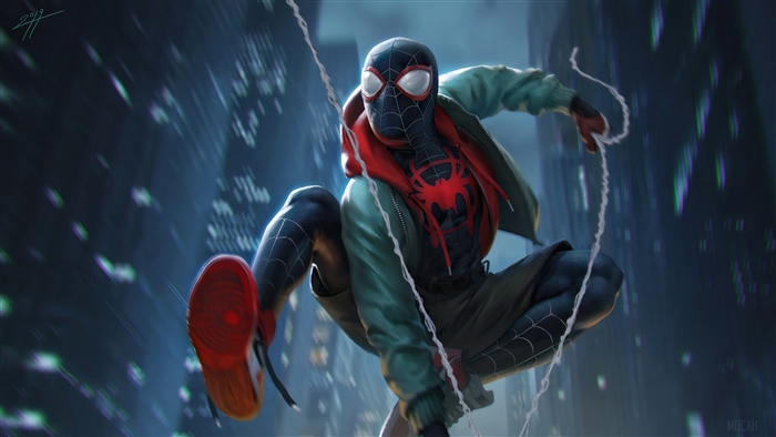 Miles Morales from Marvel Comics swinging through a city