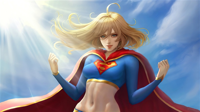 Supergirl in Dynamic Pose with Sunlit Sky 4K