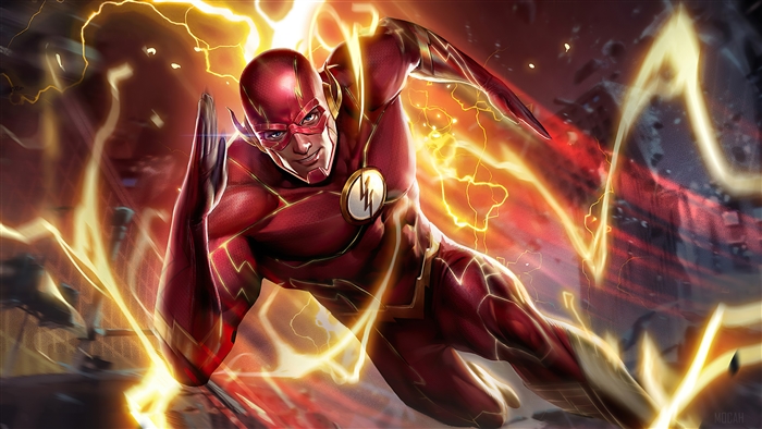 The Flash from DC Comics running with lightning