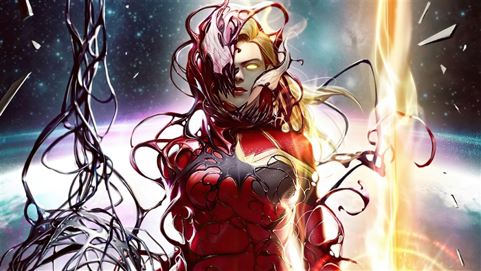 Captain Marvel fused with Carnage in space 4K