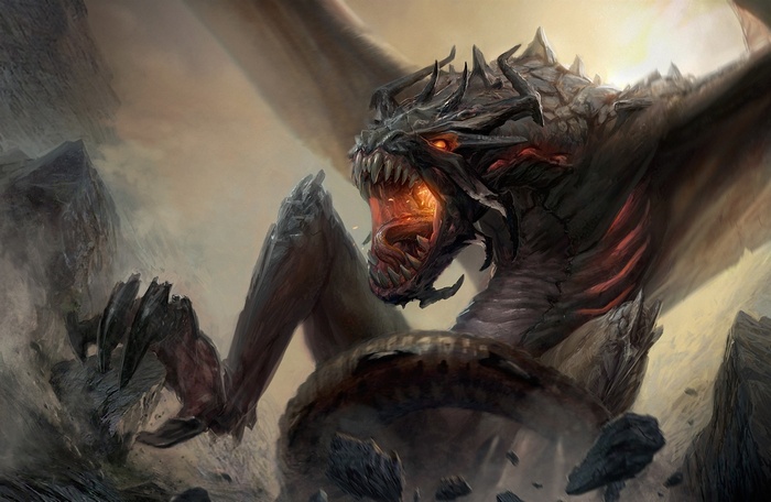A fearsome dragon erupts from rocky terrain